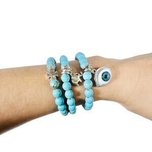 Turquoise Evil Eye Triple Bracelet Charms Elephant Cross Silver Tone Jewelry New
